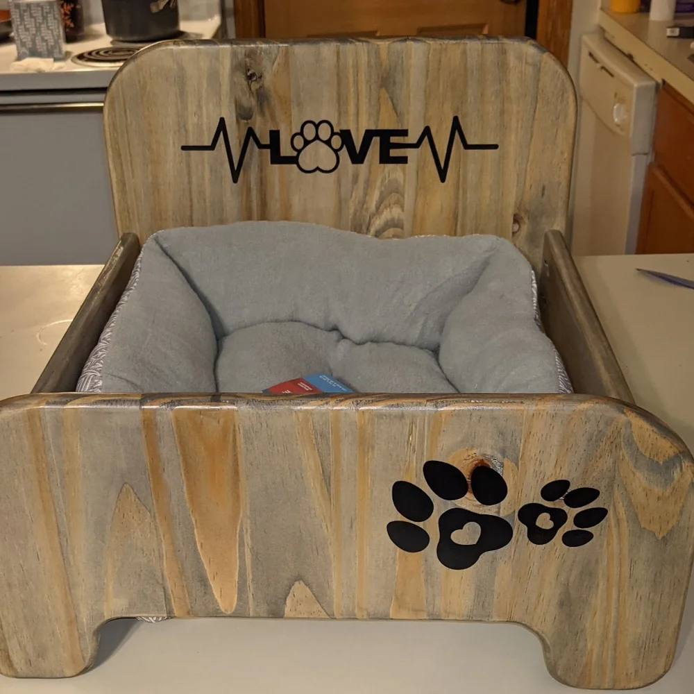 Handmade wooden dog bed. For small sized dogs.